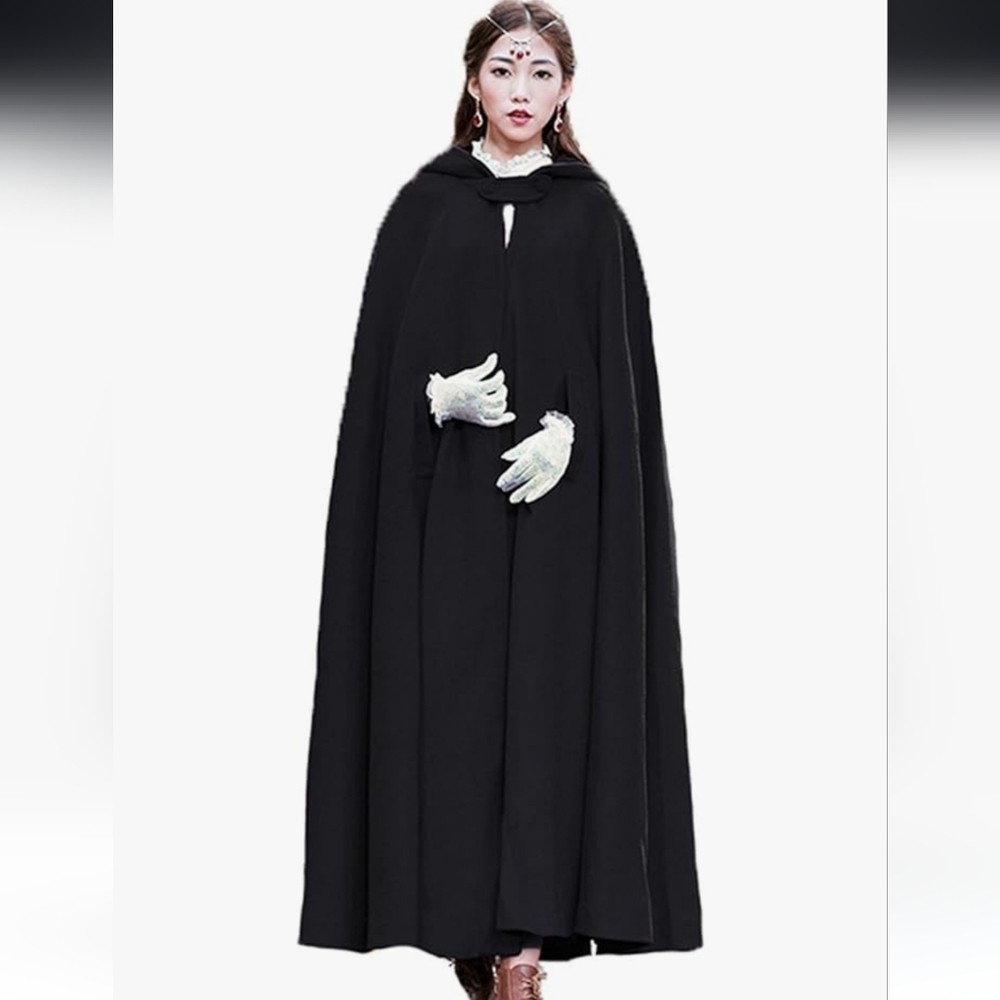 Women’s Black Hooded Full-Length Cape Coat Wool Blend